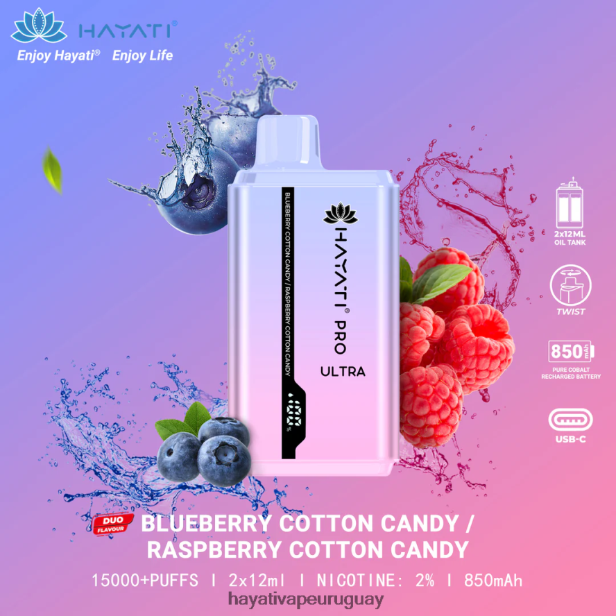 Hayati Flavour List - DD0X8V220 Hayati Pro Ultra desechables 15000 inhalaciones algodón de azúcar de arándanos/algodón de azúcar de frambuesa