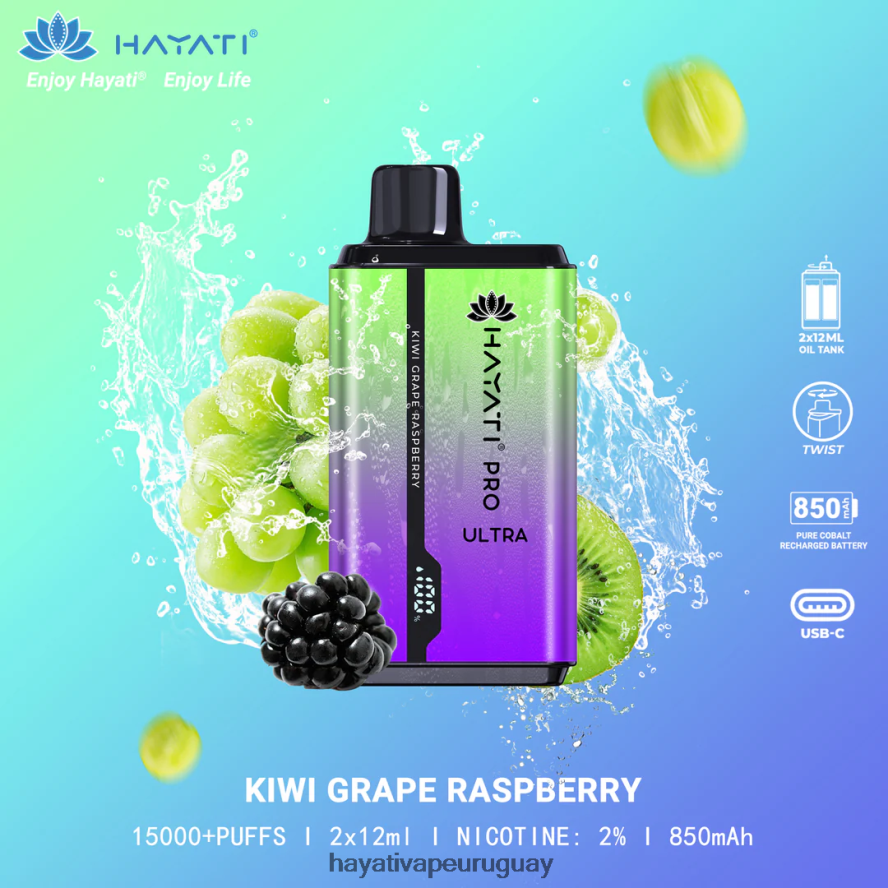 Hayati Montevideo - DD0X8V202 Hayati Pro Ultra desechables 15000 inhalaciones frambuesa uva kiwi