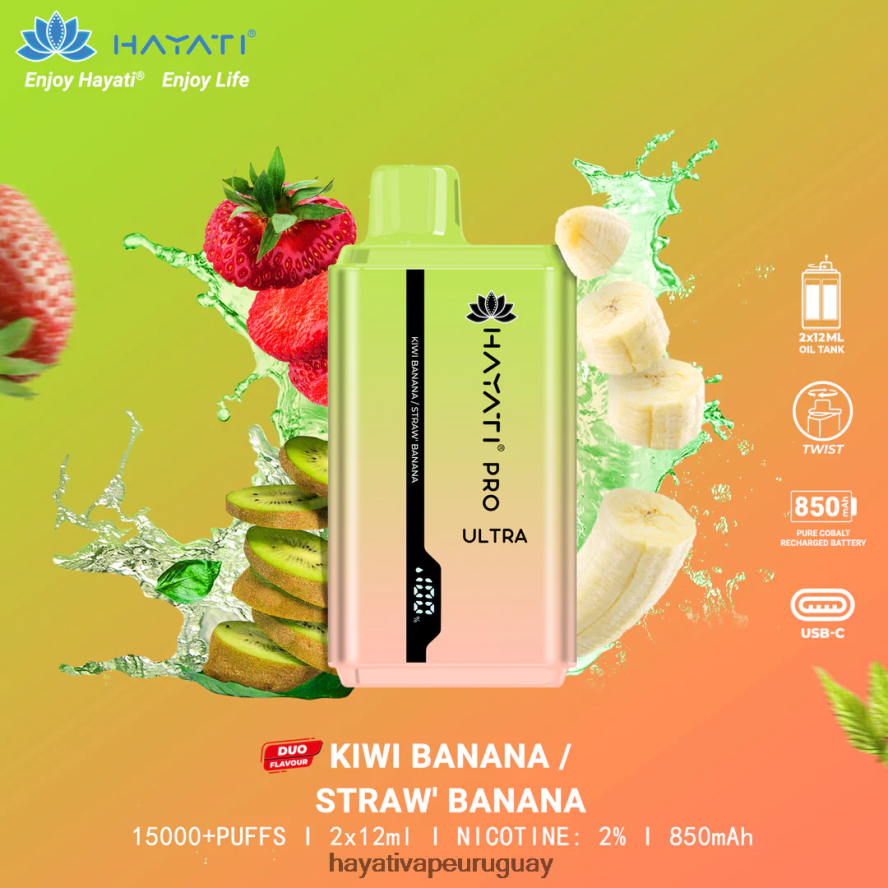 Hayati Montevideo - DD0X8V222 Hayati Pro Ultra desechables 15000 inhalaciones plátano kiwi/plátano fresa
