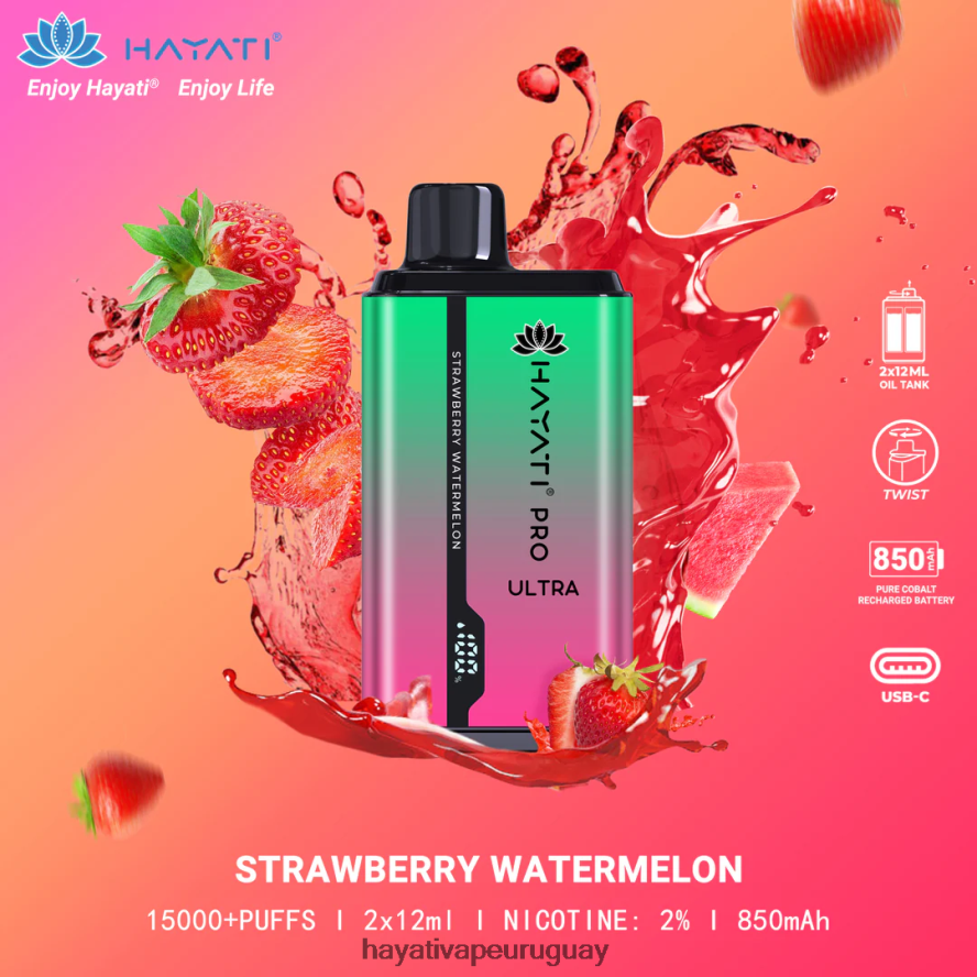 Hayati Uruguay - DD0X8V211 Hayati Pro Ultra desechables 15000 inhalaciones sandia fresa