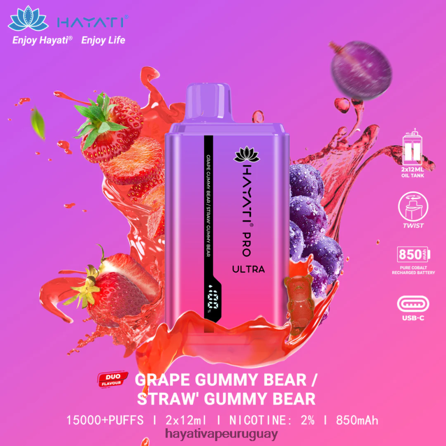 Hayati Uruguay - DD0X8V221 Hayati Pro Ultra desechables 15000 inhalaciones Osito de goma de uva/oso de goma de fresa