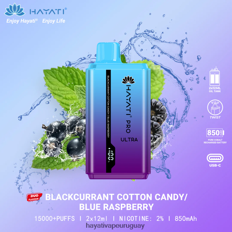 Hayati Vape Near Me - DD0X8V216 Hayati Pro Ultra desechables 15000 inhalaciones algodón de azúcar grosella negra/frambuesa azul