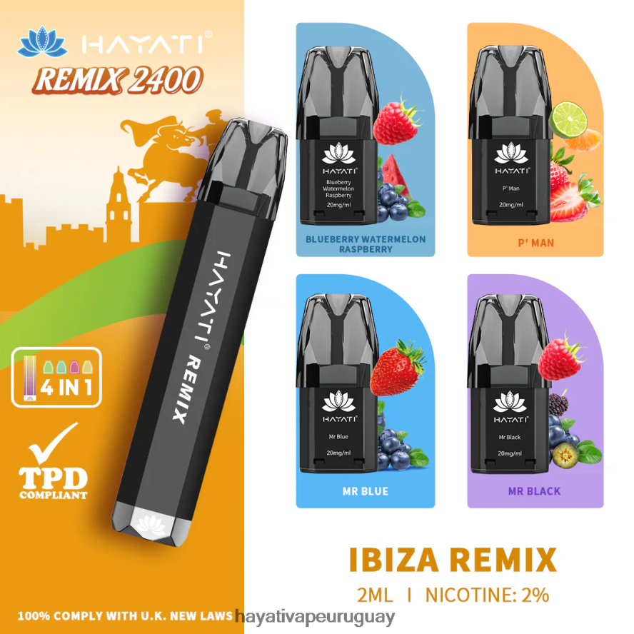 Hayati Vape Liquid - DD0X8V55 Hayati Remix sistema de cápsulas precargadas 2400 inhalaciones remezcla de ibiza